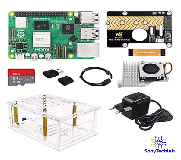 Kit Oficial Raspberry Pi 5 PCIe a M.2 NVME, 4GB RAM, Caja Acrílica transparente